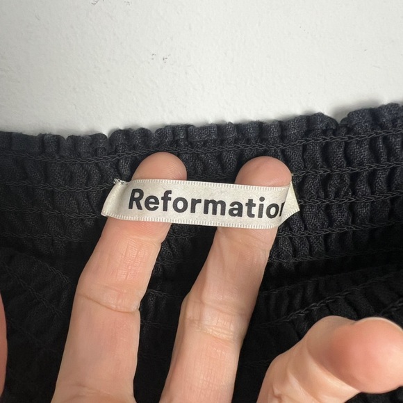 Reformation Small Black Gitane 100% Linen Long Puff Sleeve Smocked Midi Dress - Picture 12 of 14